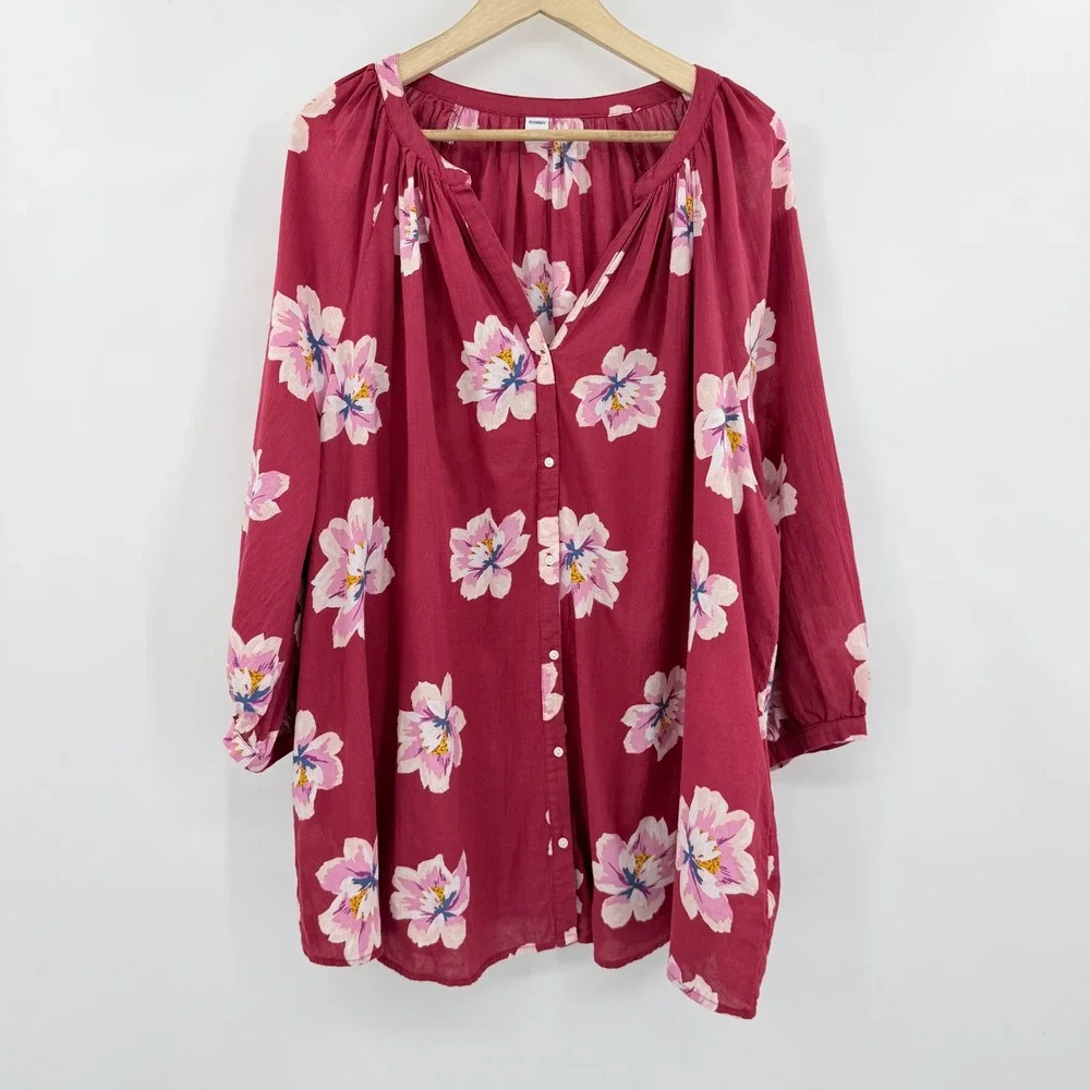Old Navy Floral Casual Blouse Women 3X Plus Burgundy Red Boho Cotton Gauze